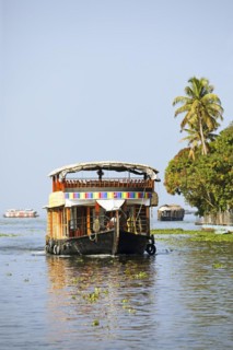 Traditional houseboat on Lake Vembanad, canal system of the backwaters, Kerala, India, Asia