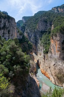 A river flows through a deep gorge with steep, wooded rock faces and green thickets, Congost de
