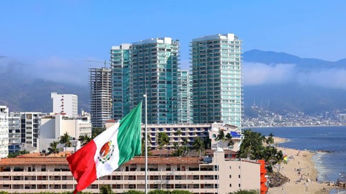 Mexico, panoramic view of Puerto Vallarta near sea promenade Malecon, beaches and historic center,