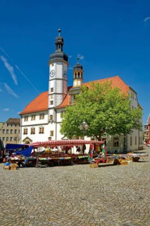 Eisenberg town hall from the 16th century on the market square, old town of Eisenberg,