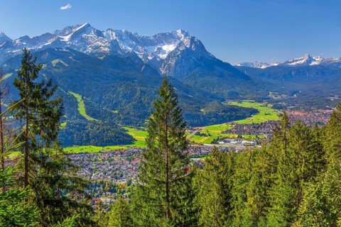 View from Wank 1780m to valley, village and Zugspitzgruppe 2962m, Garmisch-Partenkirchen,