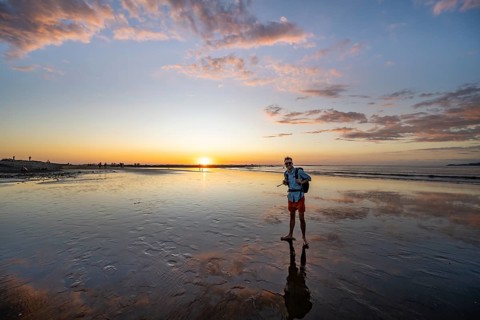 Evening mood, man at low tide on the beach, Marino Ballena National Park, Puntarenas Province, Osa,