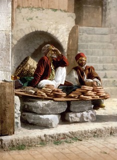 Bread seller in Jerusalem, today Israel, Historical, digitally restored reproduction from a 19th