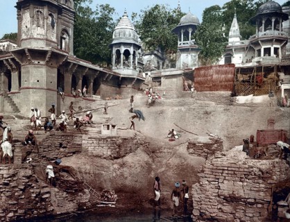 Benares, Varanasi. Burning Ghat, India, digitally restored reproduction from a 19th century