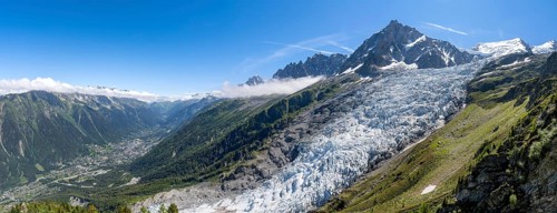Panorama, mountain landscape with glacier Glacier des Bossons and summit of the Aiguille du Midi,