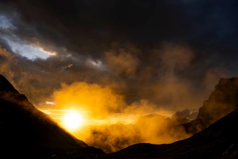 Montafon mountains with dramatic cloudy sky at sunset, Tschagguns, Rätikon, Montafon, Vorarlberg,
