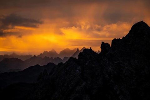 Montafon mountains with dramatic cloudy sky at sunrise, Tschagguns, Rätikon, Montafon, Vorarlberg,