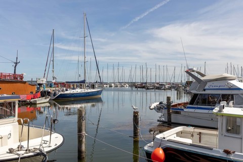 Quiet harbour area with sailing and motor-driven boats under clear skies, Rügen, Hiddensee
