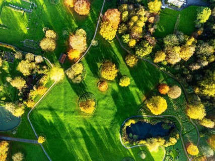 Top Down at Sunrise over Glastonbury Abbey from a drone, Glastonbury, Somerset, England, United