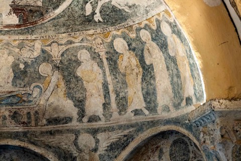 Aubazat. Wall paintings of the Romanesque style in Saint-Barthélemy chapel located in Peyrusse,