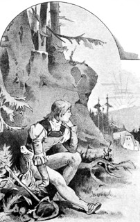 Pictures from a soldier's life, returning home after battle, young farmhand sitting thoughtfully by