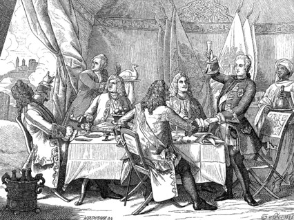 Crown Prince Frederick in the camp of Prince Eugene of Savoy, banqueting table, eating, drinking,