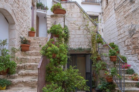 Small alley with many flowers, Cisternino, Valle d'Itria, Itria Valley, Apulia, Italy, Europe