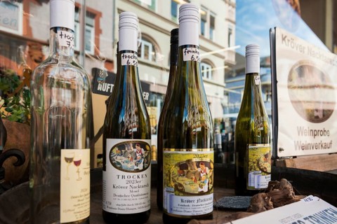Funny wine labels, Traben-Trarbach, Moselle, Rhineland-Palatinate, Germany, Europe