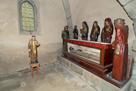 Life-size polychrome wooden entombment at Eglise Saint-Roch in Aubazat, Haute-Loire, Haut Allier,