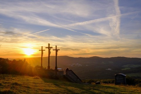 Sunset, crucifixion group, three crosses on the Kreuzberg in the Rhön, Kreuzberg near Bischofsheim,
