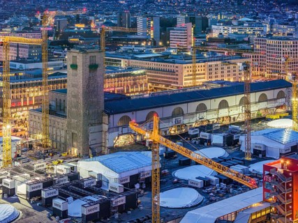 Central station, Stuttgart 21 construction site, Bonatz building and station tower. The new through