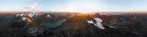 Evening mood, mountain panorama, aerial view, 4000 metre peak with glacier, mountain pass and