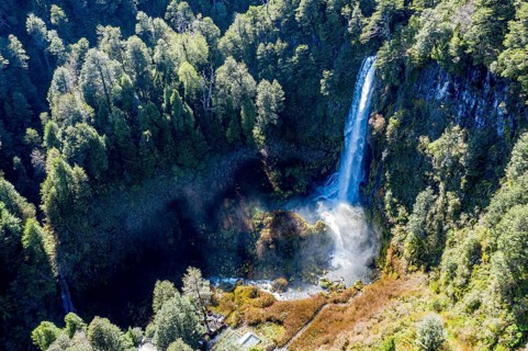 Aerial view of waterfall Salto El Leon, valley of waterfalls east of Pucon, Chile, South America