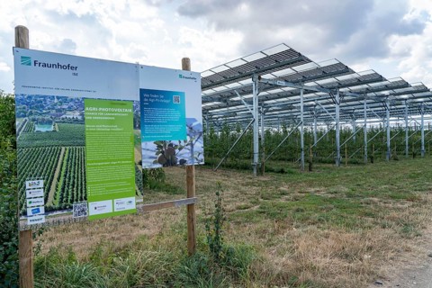 Agri-photovoltaic test plant, an apple orchard with two different systems of PV modules was roofed