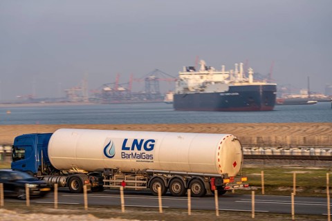 Container lorry, bringing containers to Euromax Container Terminal, the seaport of Rotterdam,