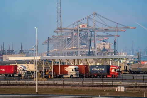 Port of Maasvlakte2, entry and exit control to RWG Container Terminal, container lorries pick up