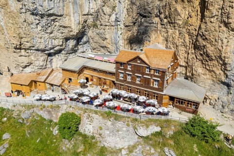 Ebenalp, Guest house Aescher, Wildkirchli under the Ascher cliff, aerial view, Ebenalp, Appenzell,