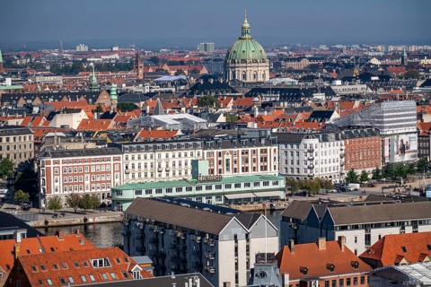 Panorama view over the city centre of Copenhagen, dome of the Protestant Frederiks Kirke, in front