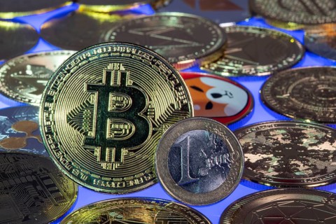 Bitcoin, cryptocurrency, symbol coin, optical placeholder for the digital currency, euro coin