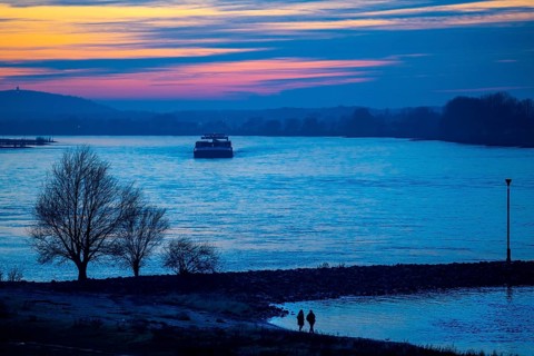 Rhine at Duisburg-Bruckhausen, towers of the water extraction facilities of ThyssenKrupp Steel