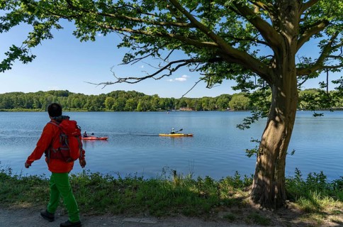 Hiking on the Baldeney Steig, a hiking trail around Lake Baldeney in Essen, a Ruhr reservoir, over