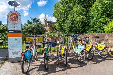 The old town centre of Essen-Kettwig, Metropolrad Ruhr bike hire station, Essen North