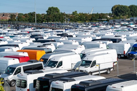 Car terminal in the inland port Logport I, in Duisburg on the Rhine, vehicle handling of new cars,