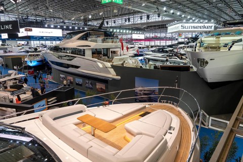 Large yachts, luxury yachts, in Hall 6 of BOOT 2024, the world's largest yacht and water sports