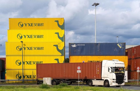Container of the Chinese goods train operator YXE from Yiwu, China, part of the Silk Road route
