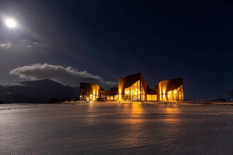 Hotel, restaurant, café, Lyngen North, moonlight, night shot, snow, Lyngen Alps, Norway, Europe