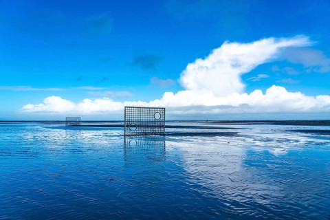 Football pitch, football field, Tor tor, on the beach, tidal creek, in the west of Borkum, island,