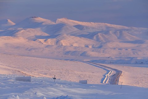 Road, gravel road, highway, icy, snowy, mountain landscape, morning light, Dempster Highway,