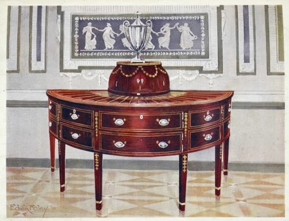 Furniture from the turn of the century 1900, Semi-circular mahogany sideboard and knife-box. Inlaid