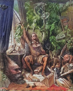 Illustration by Gustave Dore (1832-1883) for Don Quixote among his books in his library from Don