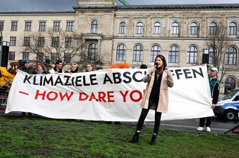 Luisa Neubauer speaks during a demonstration by Fridays for Future for compliance with climate