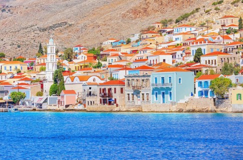 View of Emporio harbour, Halki Island, Dodecanese Islands, Greece, Europe