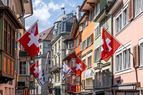 Augustinergasse with Swiss flags, Old Town, Zurich, Switzerland, Europe