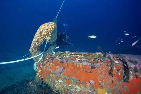 A diver examines an aircraft wreck from the Second World War deep in the ocean, dive site aircraft