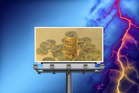 Symbolic image, Bitcoin on billboard, storm, questionable vision of the future, stock market