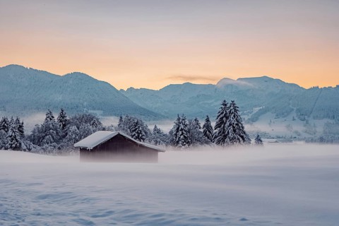 Deep snowy winter morning mood near Halblech in the foothills of the Alps in the Allgäu with the