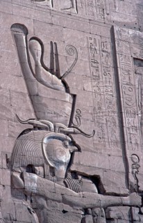 Detail from relief painting, head, Horus Temple, Edfu, Nile Valley, Egypt, September 1989, vintage,