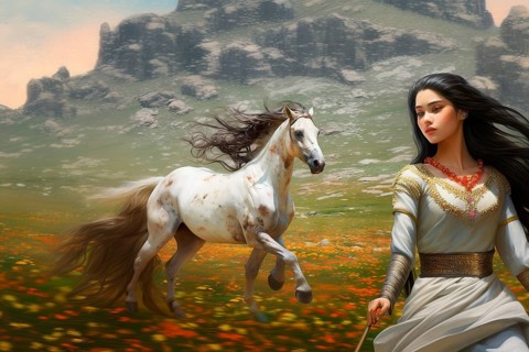 Beautiful young Mongolian woman with black hair floating in the wind standing in front of a horse