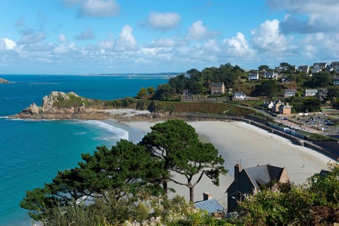 Coastal landscape with sandy beach, surrounded by trees and houses under blue sky, view of sandy