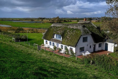 Thatched-roof house on Kaydeich, Pellworm Island, Schleswig-Holstein Wadden Sea National Park,